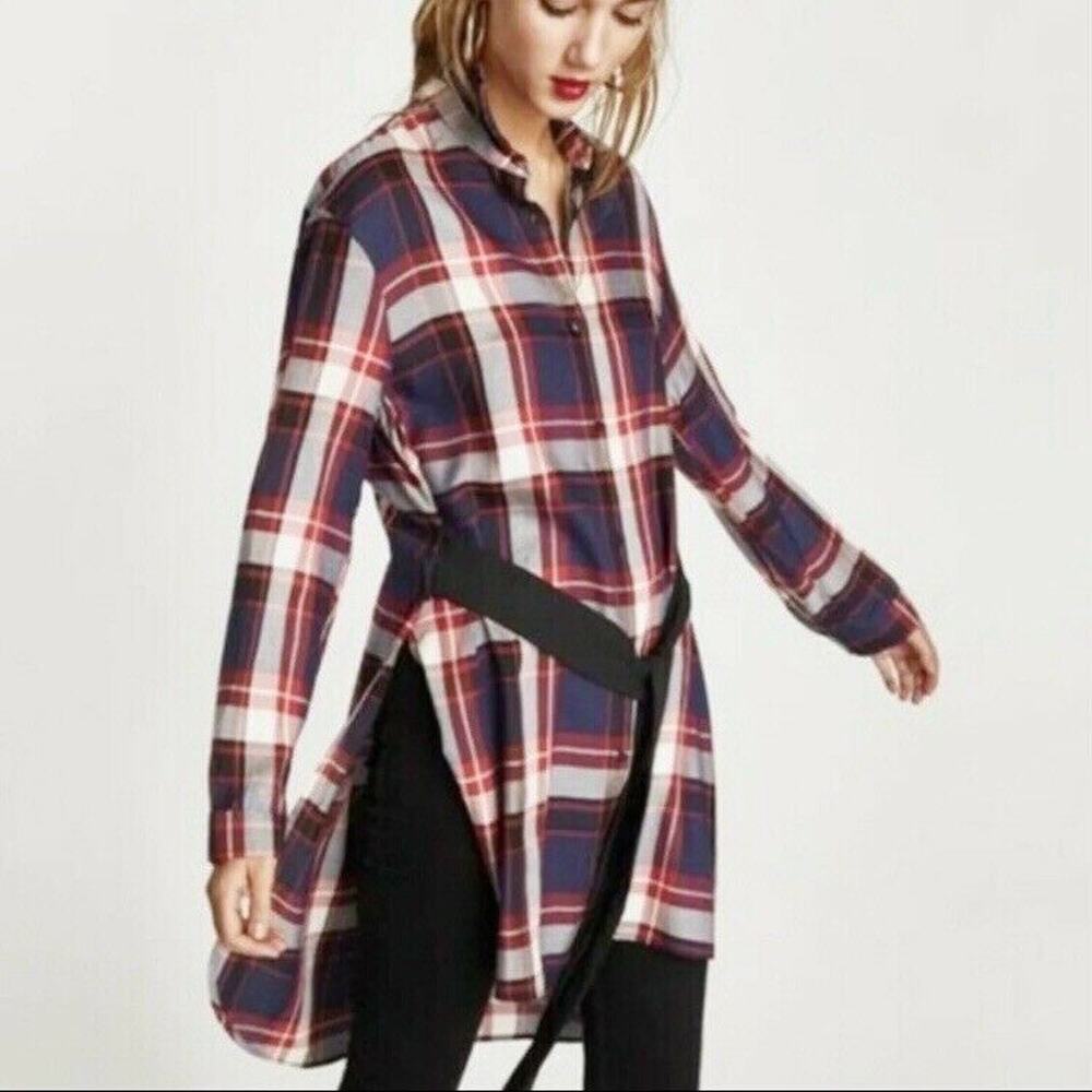 Zara Trafaluc Plaid Belted Shirt Dress Hi-Low Red & Blue Tunic, Size Small